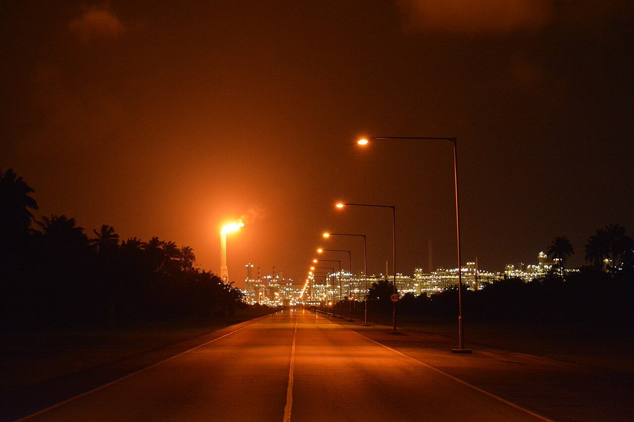 Illuminated LNG plant at night